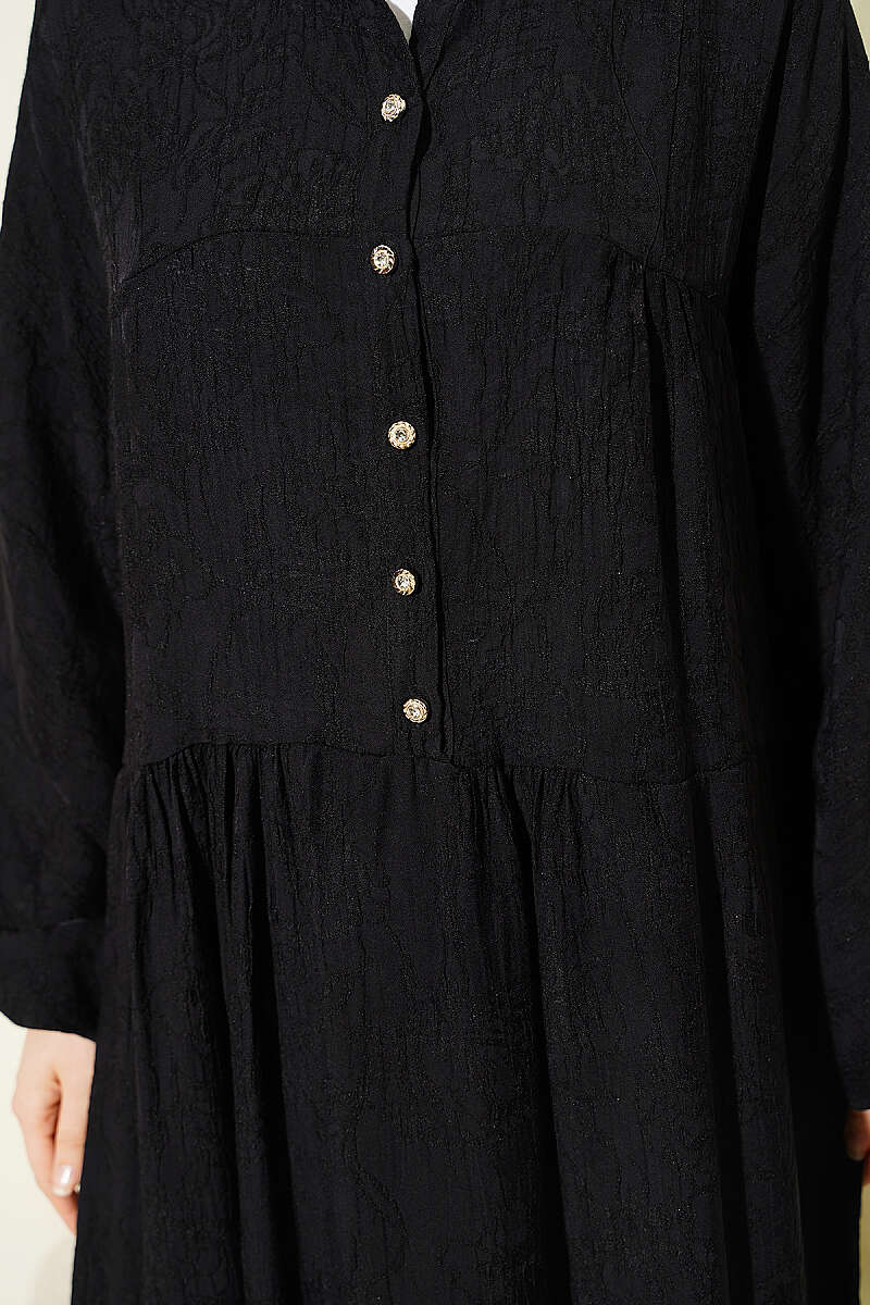 Tiered Embossed Button Dress - Black