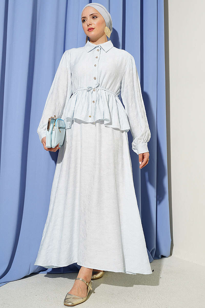 Embossed Skirt Set with Tie Belt - Ice Blue