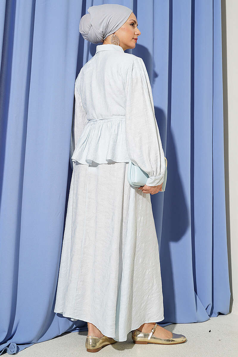 Embossed Skirt Set with Tie Belt - Ice Blue