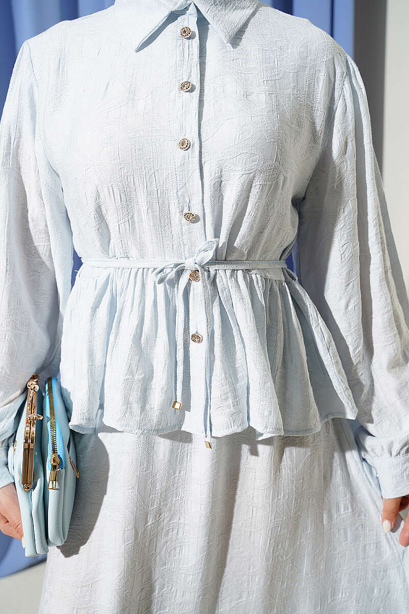 Embossed Skirt Set with Tie Belt - Ice Blue