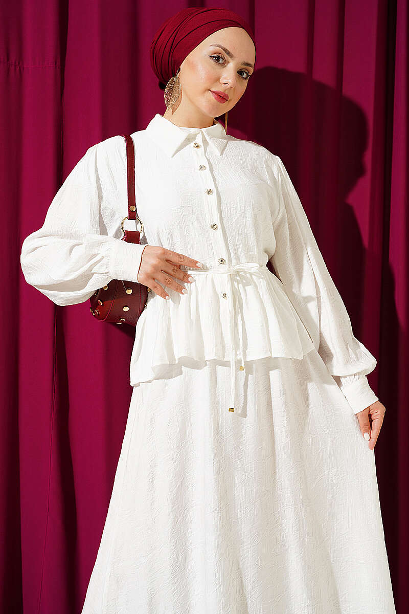 Embossed Skirt Set with Tie Belt - Ecru