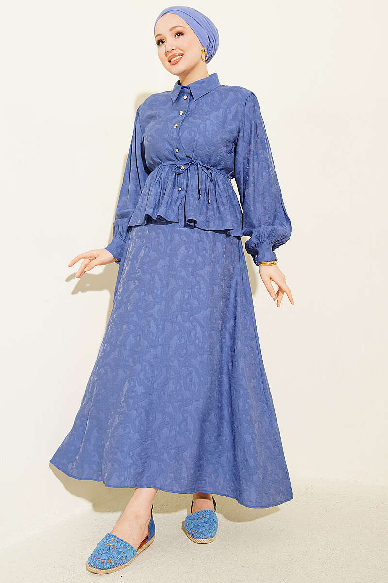 Embossed Skirt Set with Tie Belt - Indigo