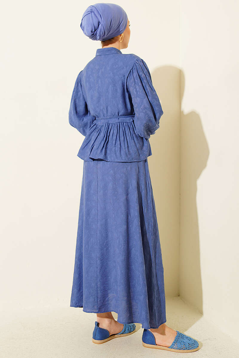 Embossed Skirt Set with Tie Belt - Indigo