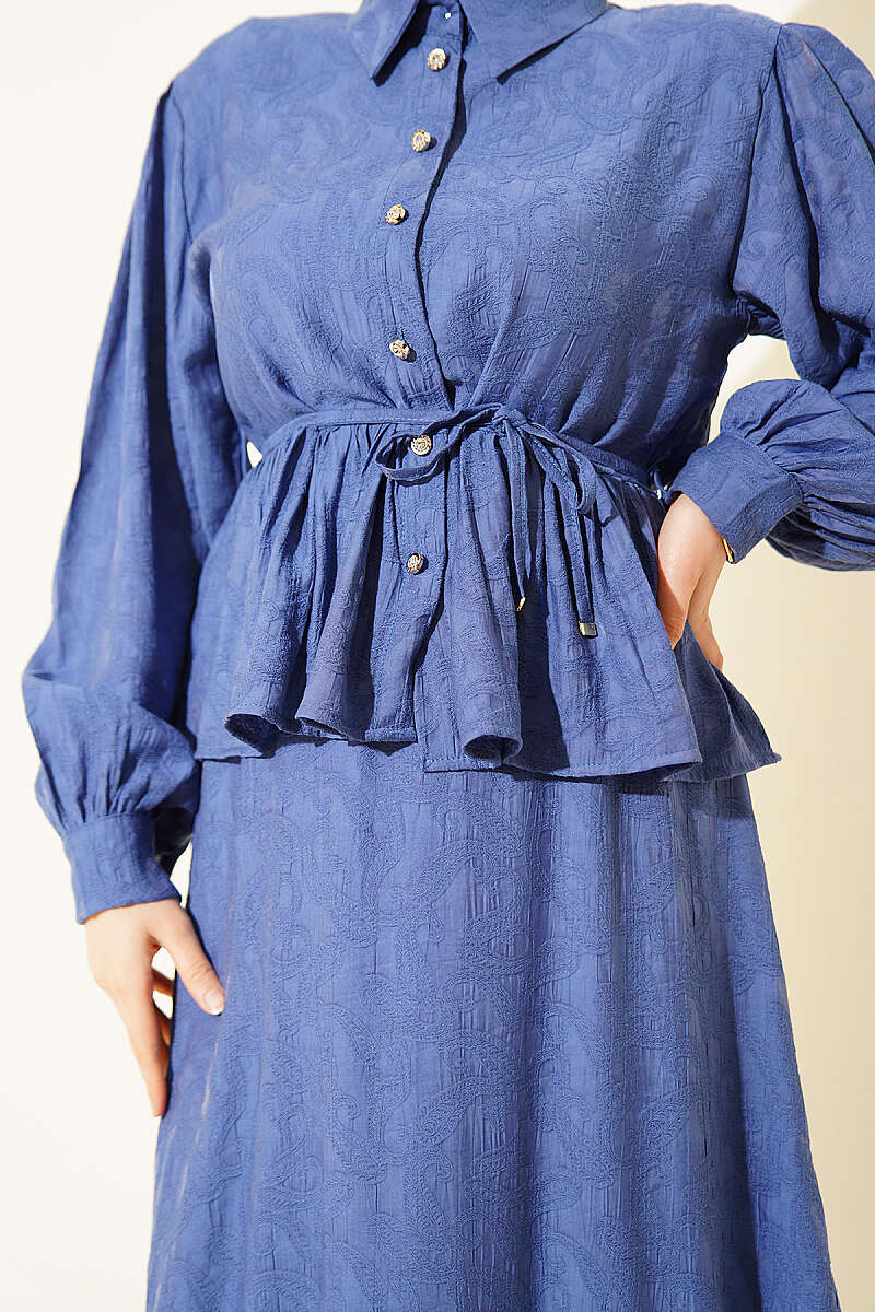 Embossed Skirt Set with Tie Belt - Indigo