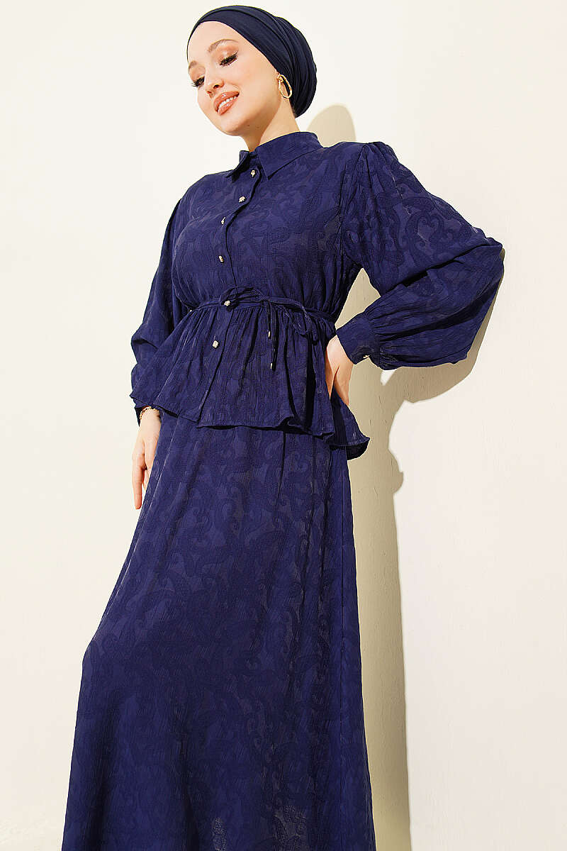 Embossed Skirt Set with Tie Belt - Navy