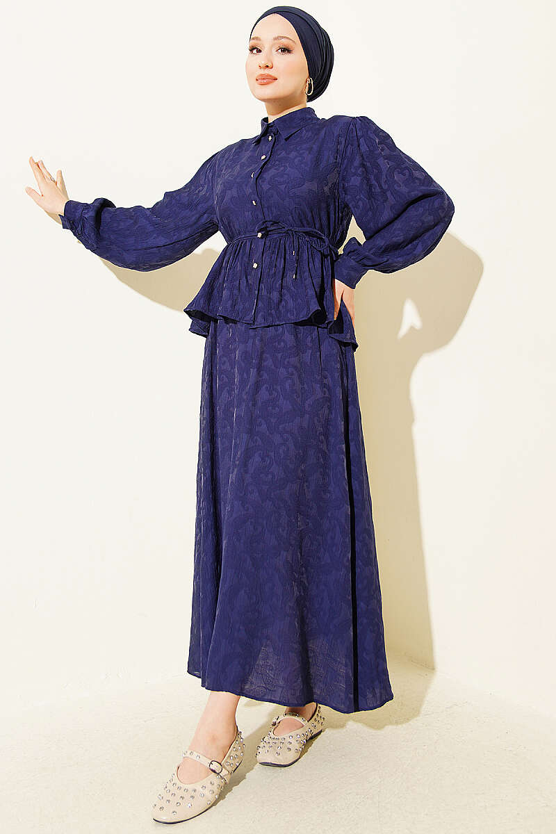 Embossed Skirt Set with Tie Belt - Navy