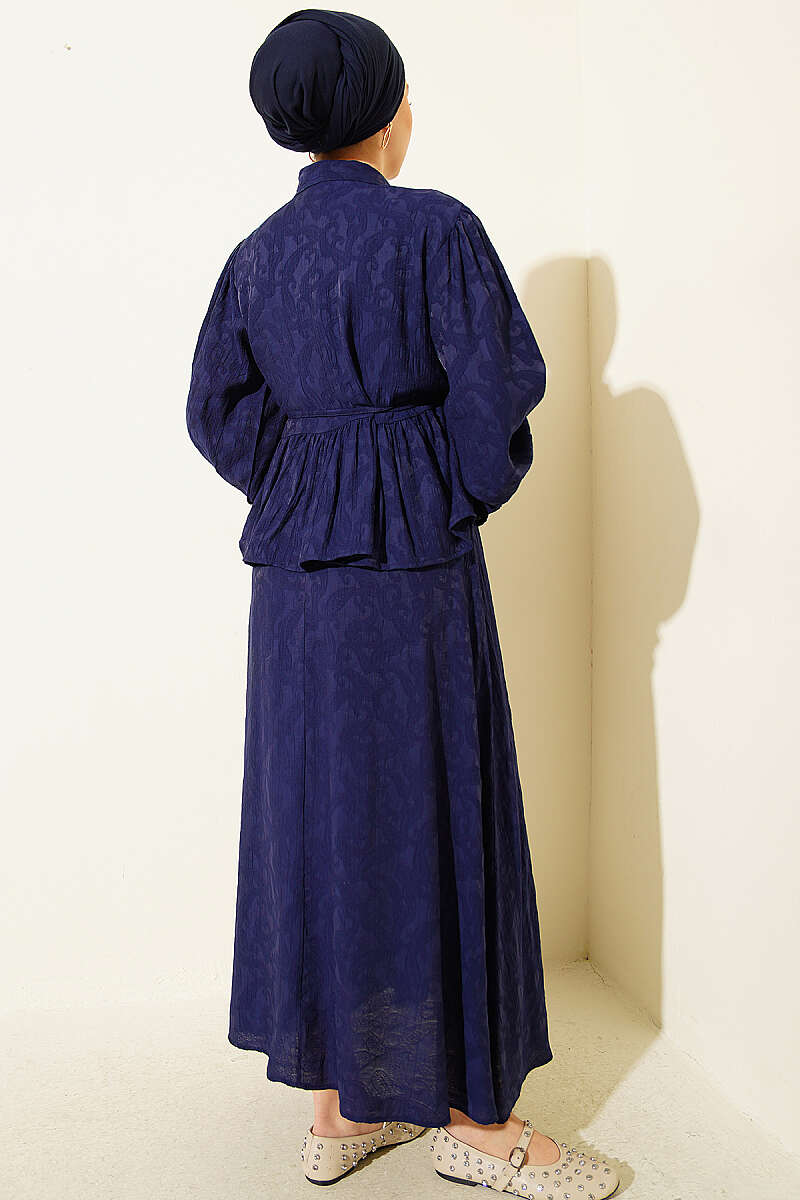 Embossed Skirt Set with Tie Belt - Navy