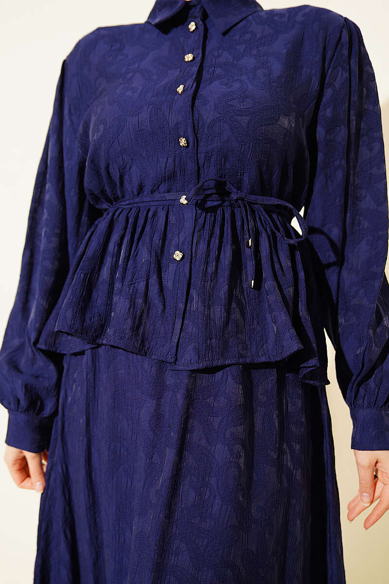 Embossed Skirt Set with Tie Belt - Navy