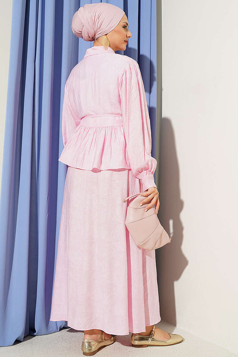 Embossed Skirt Set with Tie Belt - Pink