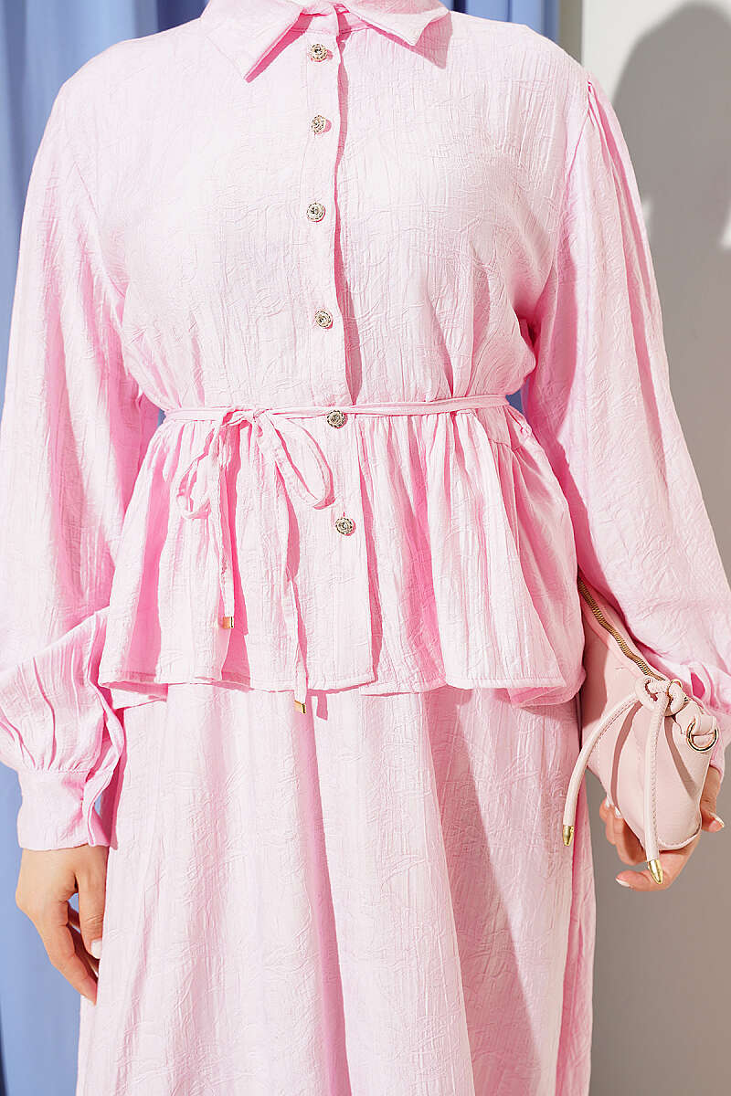 Embossed Skirt Set with Tie Belt - Pink