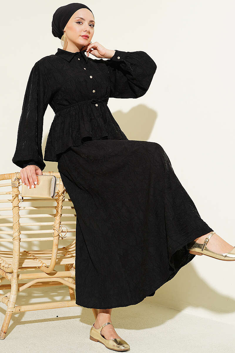 Embossed Skirt Set with Tie Belt - Black