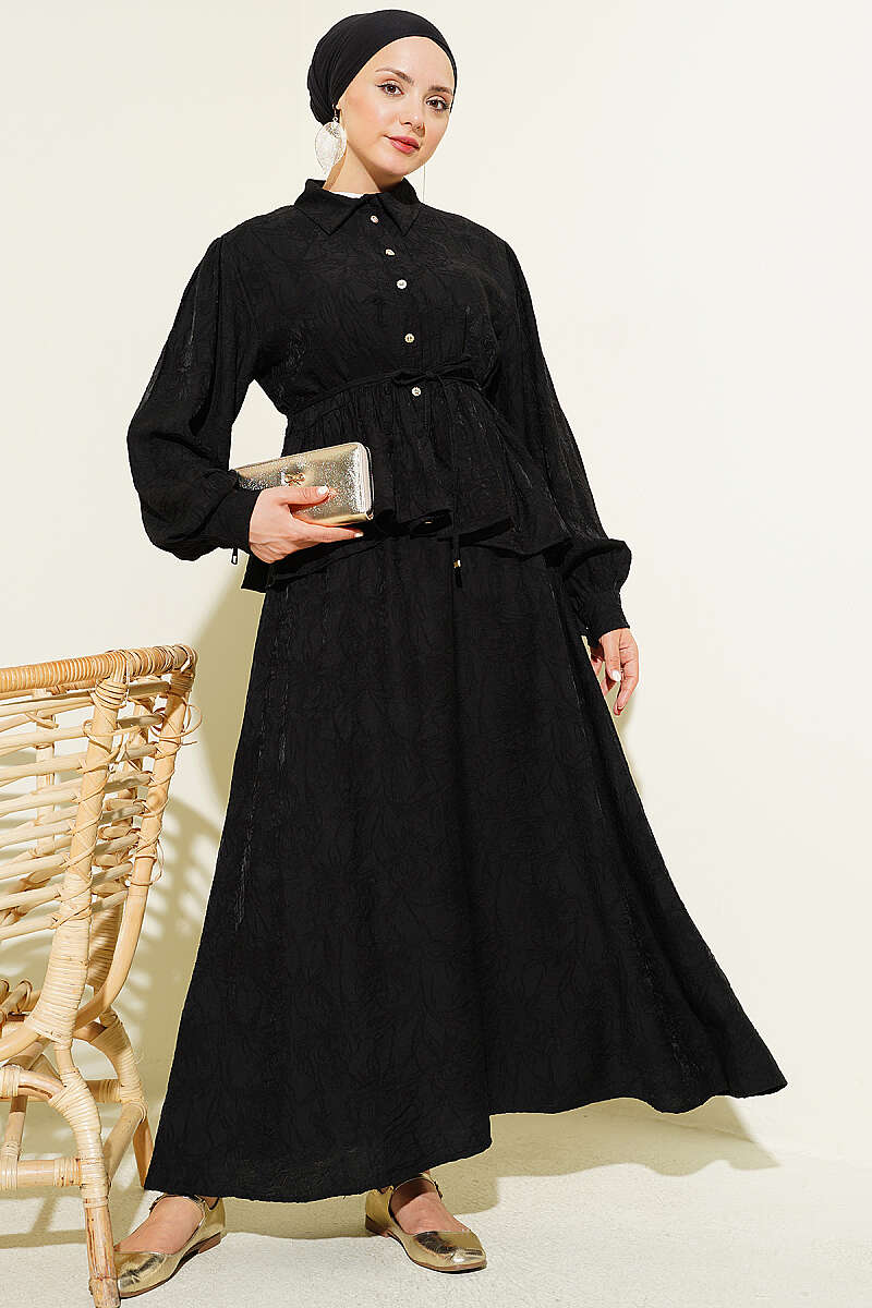 Embossed Skirt Set with Tie Belt - Black