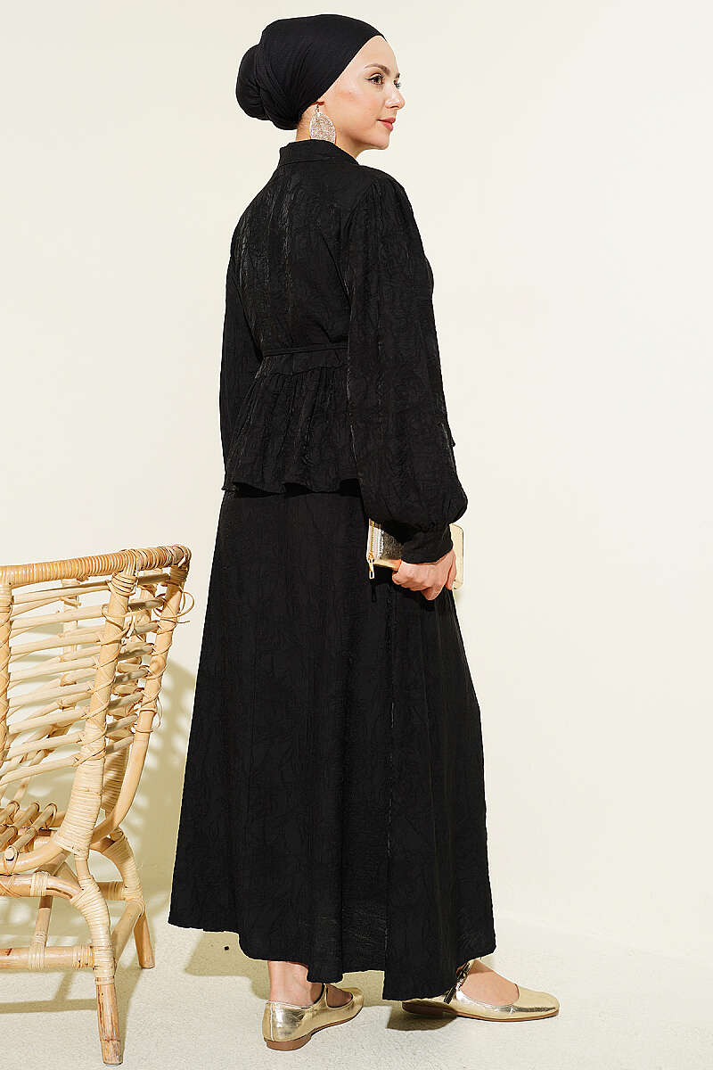 Embossed Skirt Set with Tie Belt - Black