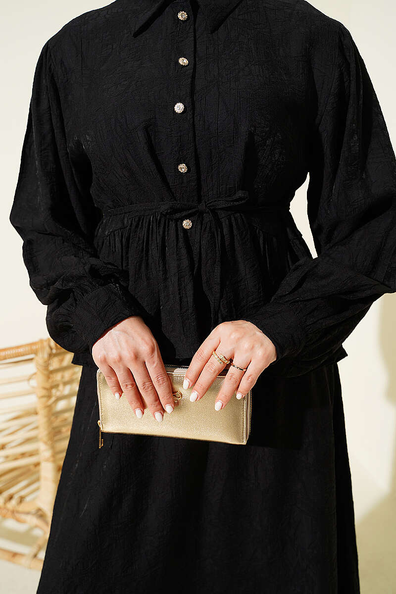 Embossed Skirt Set with Tie Belt - Black