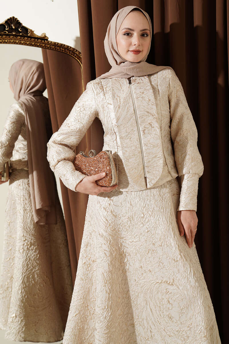 Embossed Jacquard Skirt Set - Beige