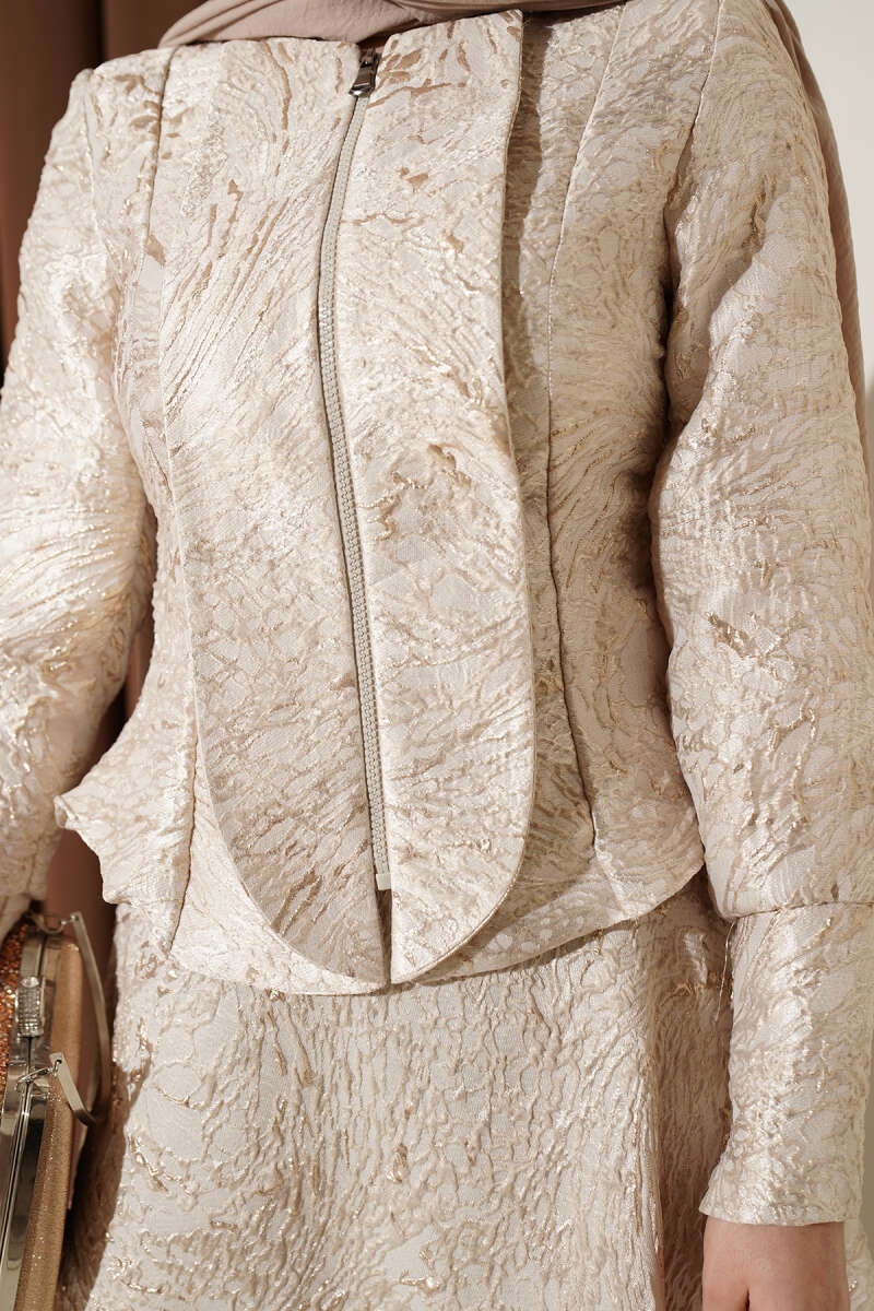 Embossed Jacquard Skirt Set - Beige