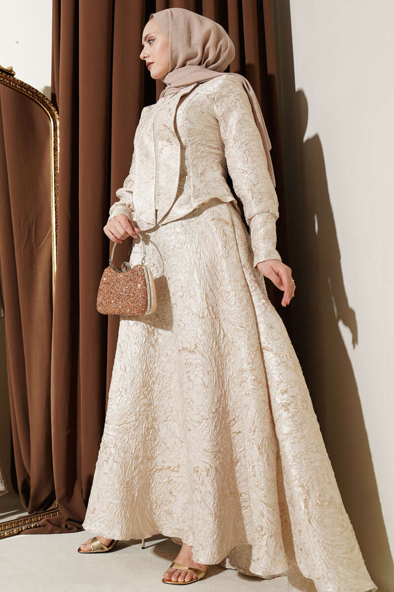 Embossed Jacquard Skirt Set - Beige