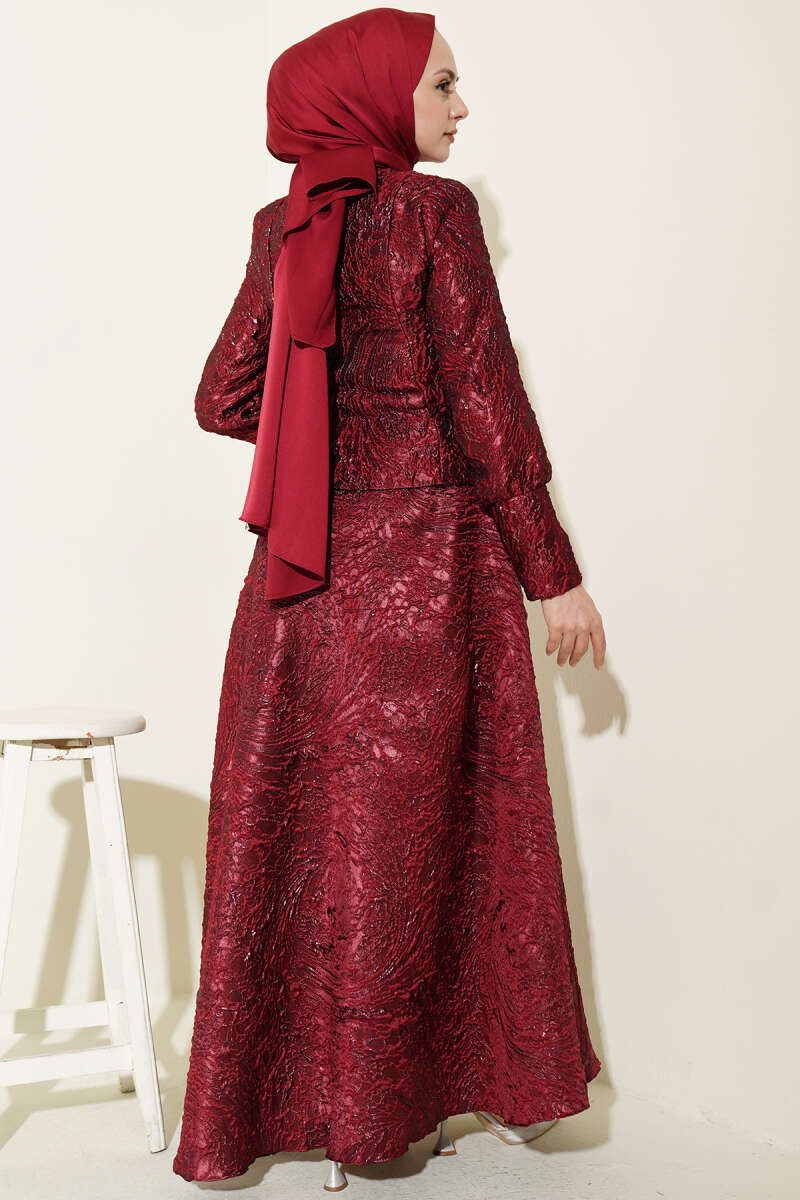 Embossed Jacquard Skirt Set - Burgundy