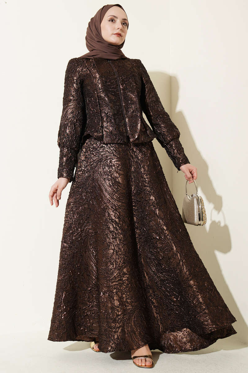 Embossed Jacquard Skirt Set - Brown