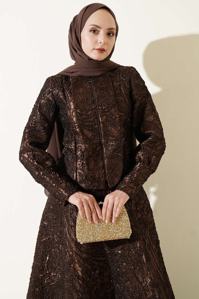 Embossed Jacquard Skirt Set - Brown