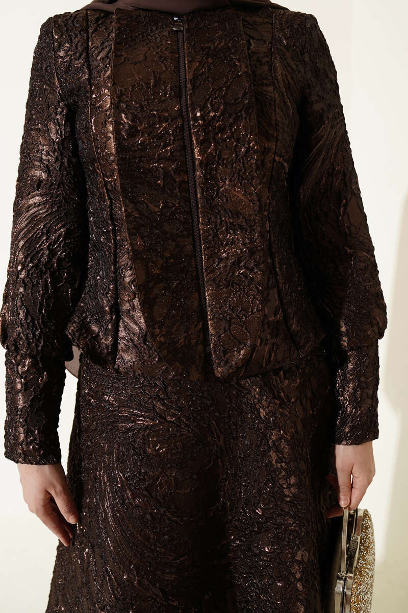 Embossed Jacquard Skirt Set - Brown