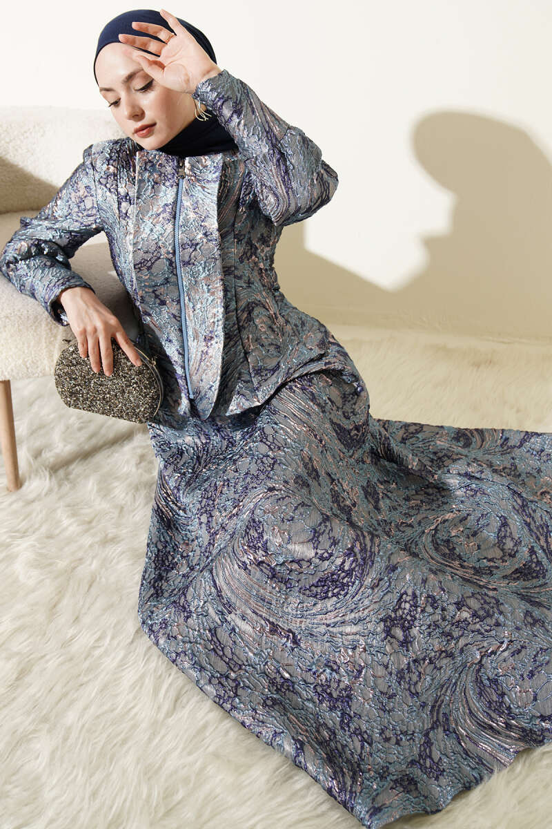 Embossed Jacquard Skirt Set - Navy