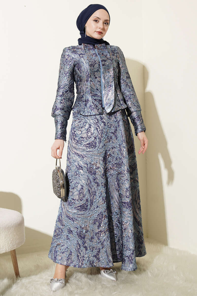 Embossed Jacquard Skirt Set - Navy
