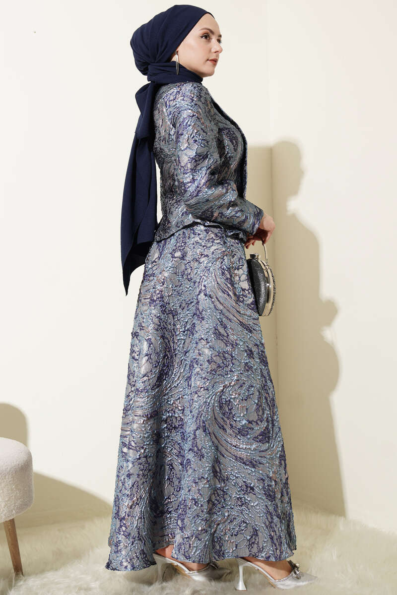 Embossed Jacquard Skirt Set - Navy