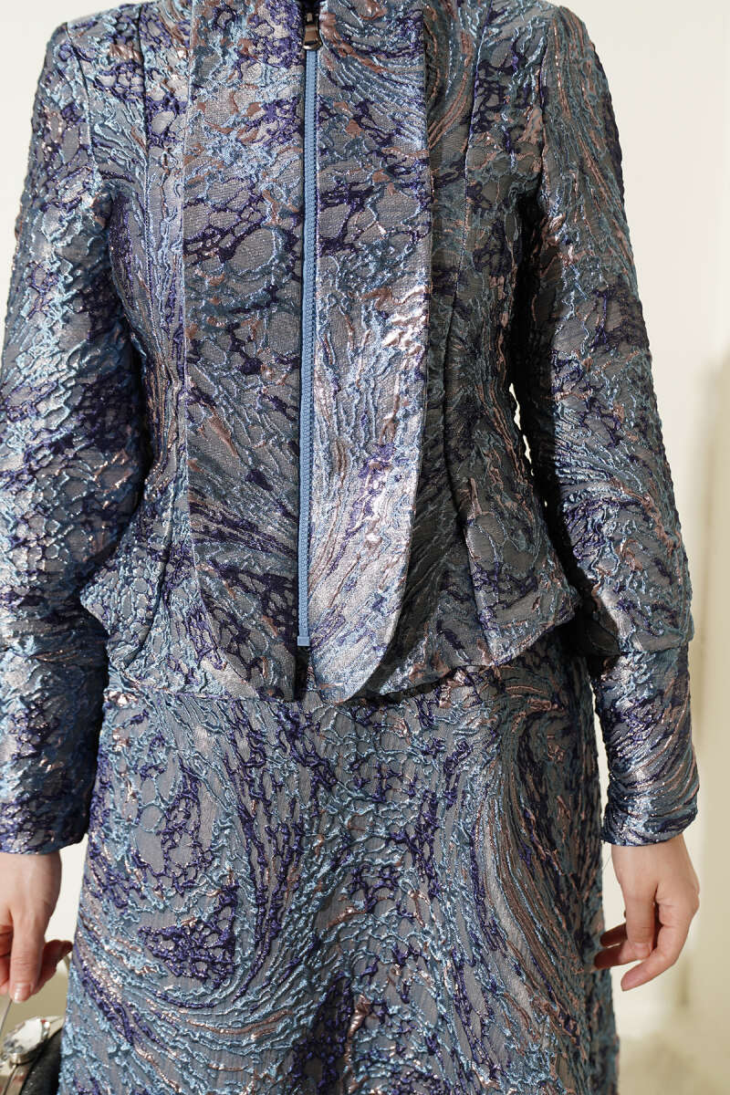 Embossed Jacquard Skirt Set - Navy