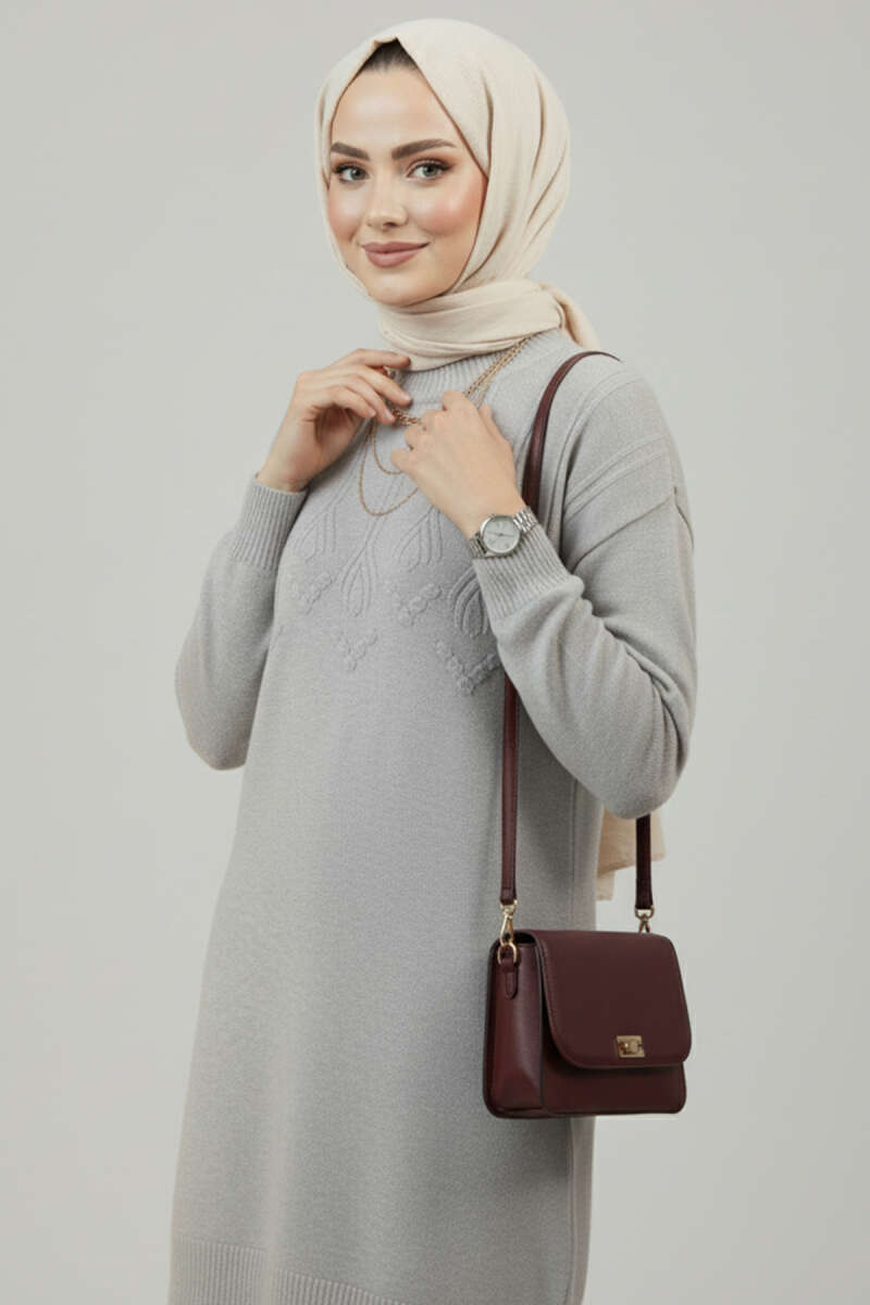 Soft Embossed-Pattern Knit Tunic - Grey