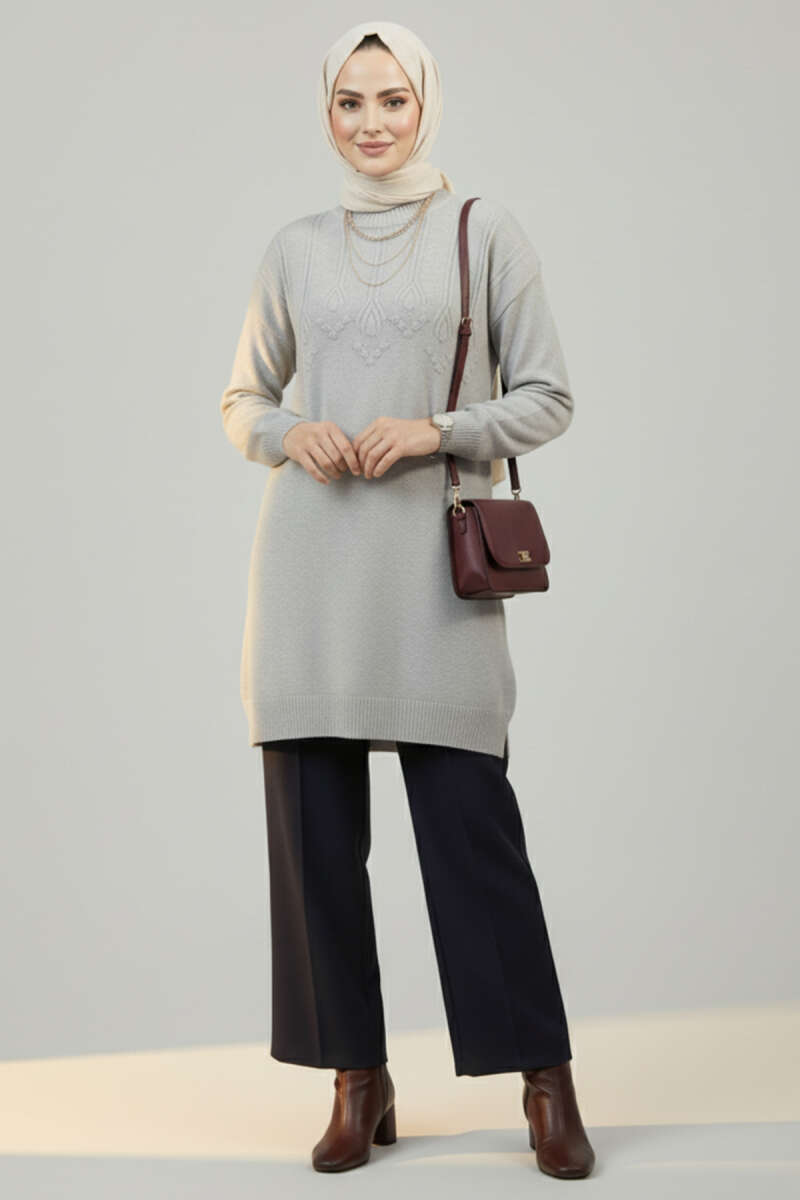 Soft Embossed-Pattern Knit Tunic - Grey