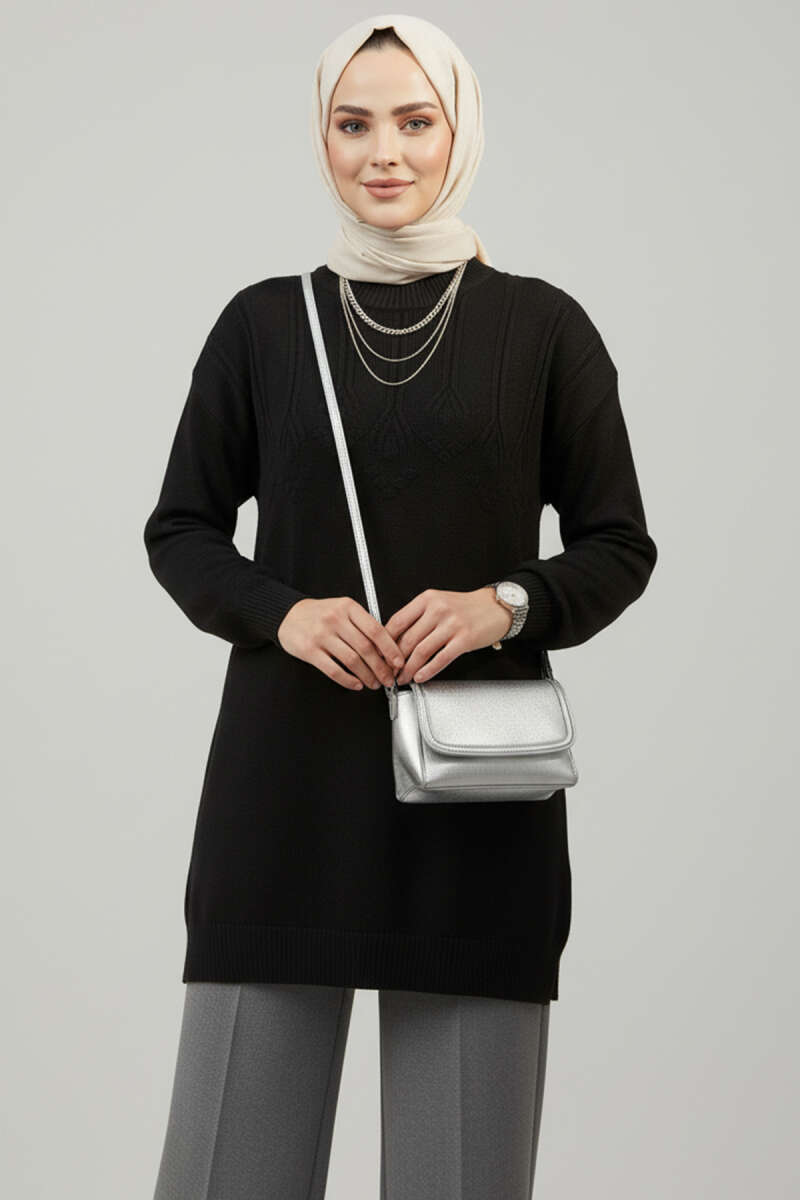 Soft Embossed-Pattern Knit Tunic - Black