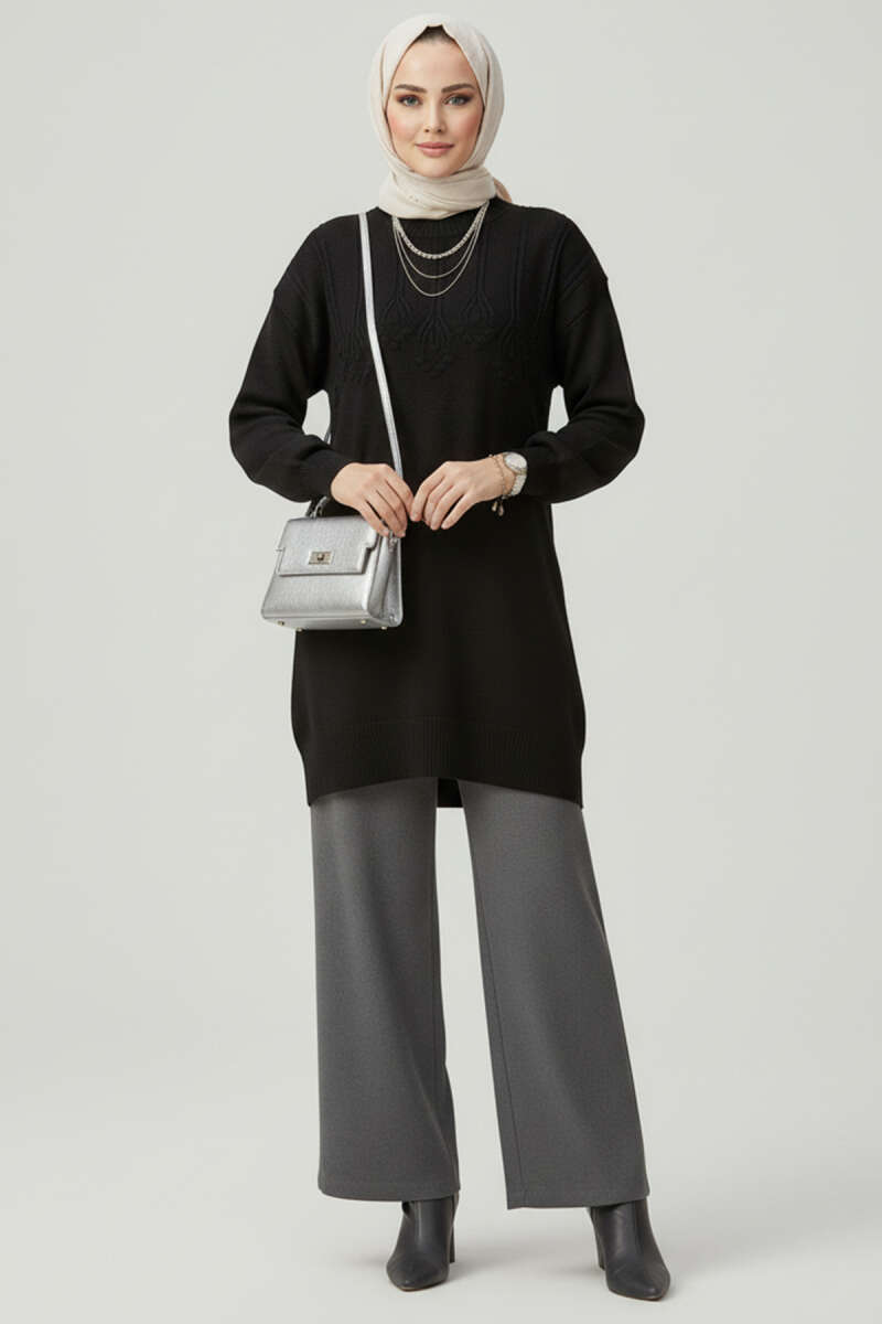 Soft Embossed-Pattern Knit Tunic - Black