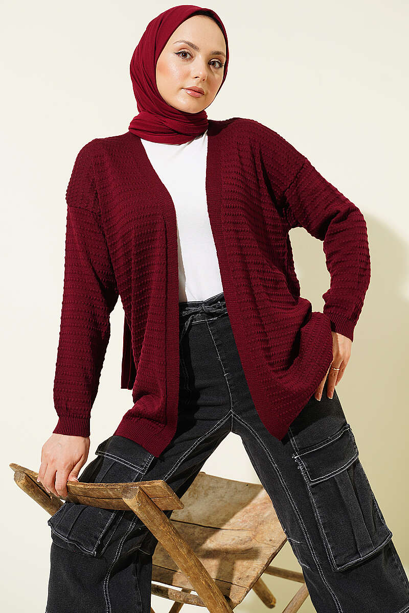 Basic Textured Knit Cardigan - Burgundy