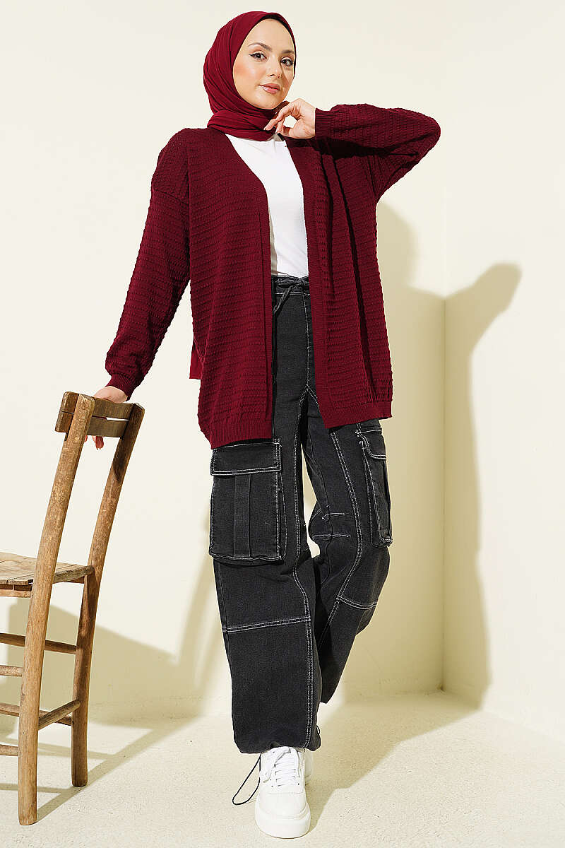 Basic Textured Knit Cardigan - Burgundy