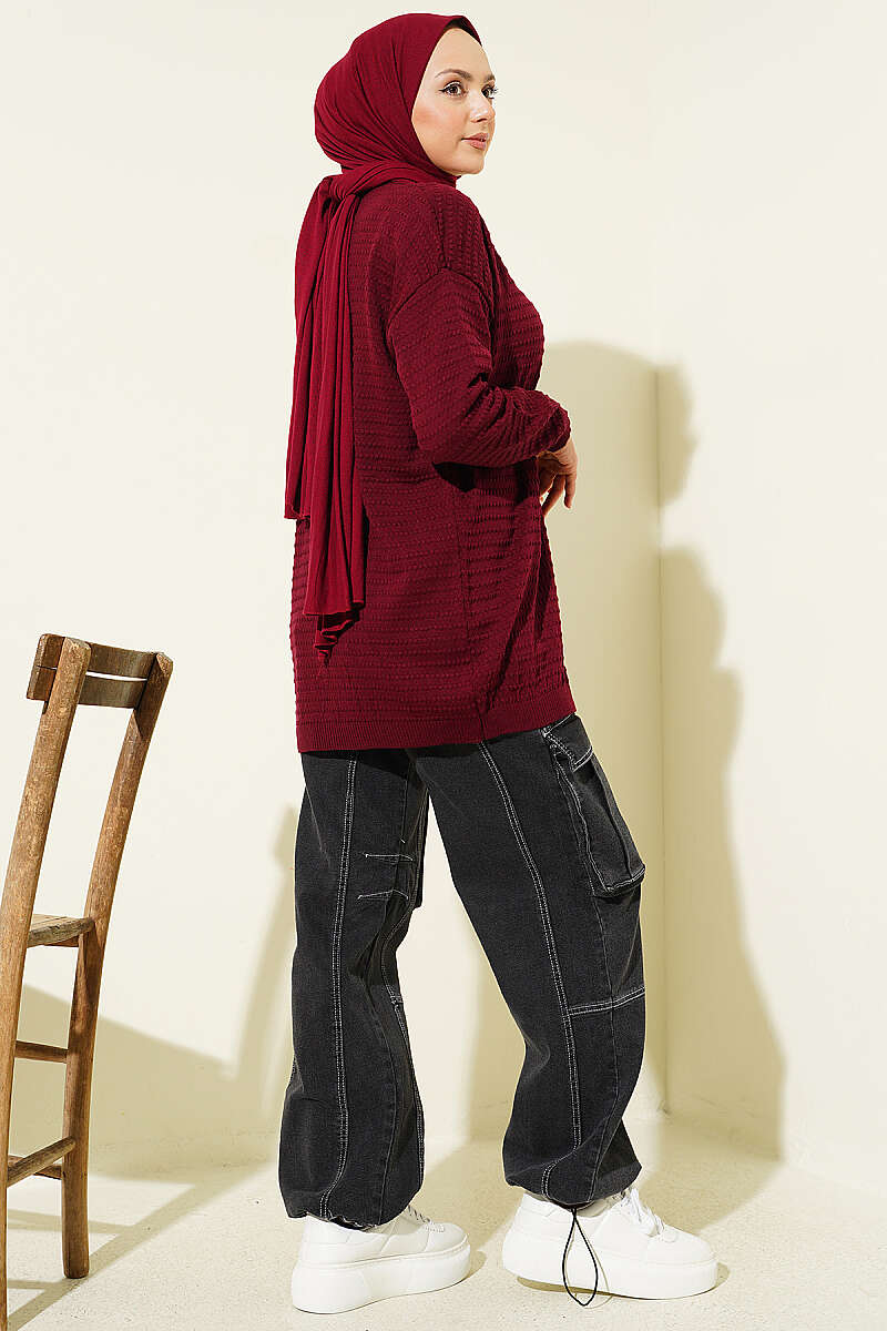 Basic Textured Knit Cardigan - Burgundy