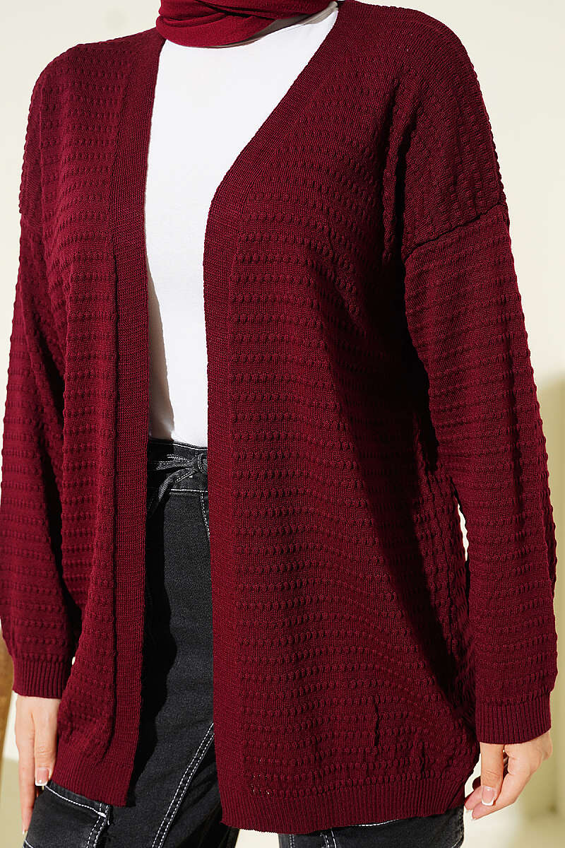 Basic Textured Knit Cardigan - Burgundy