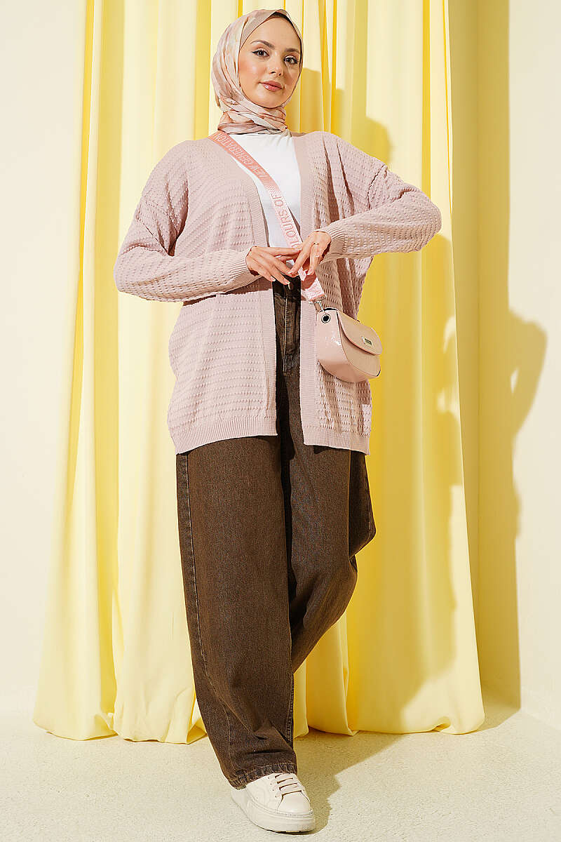 Basic Textured Knit Cardigan - Powder