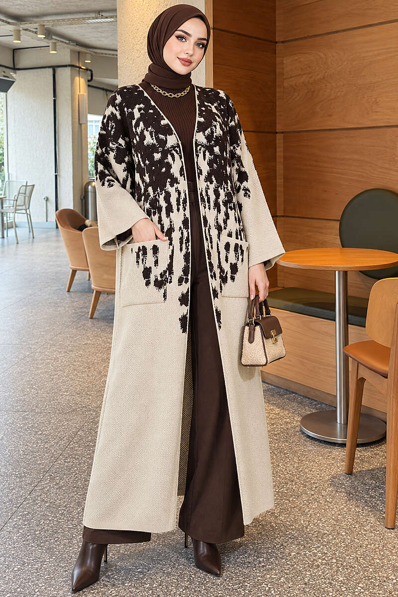 Long Textured Knit Cardigan - Dark Brown