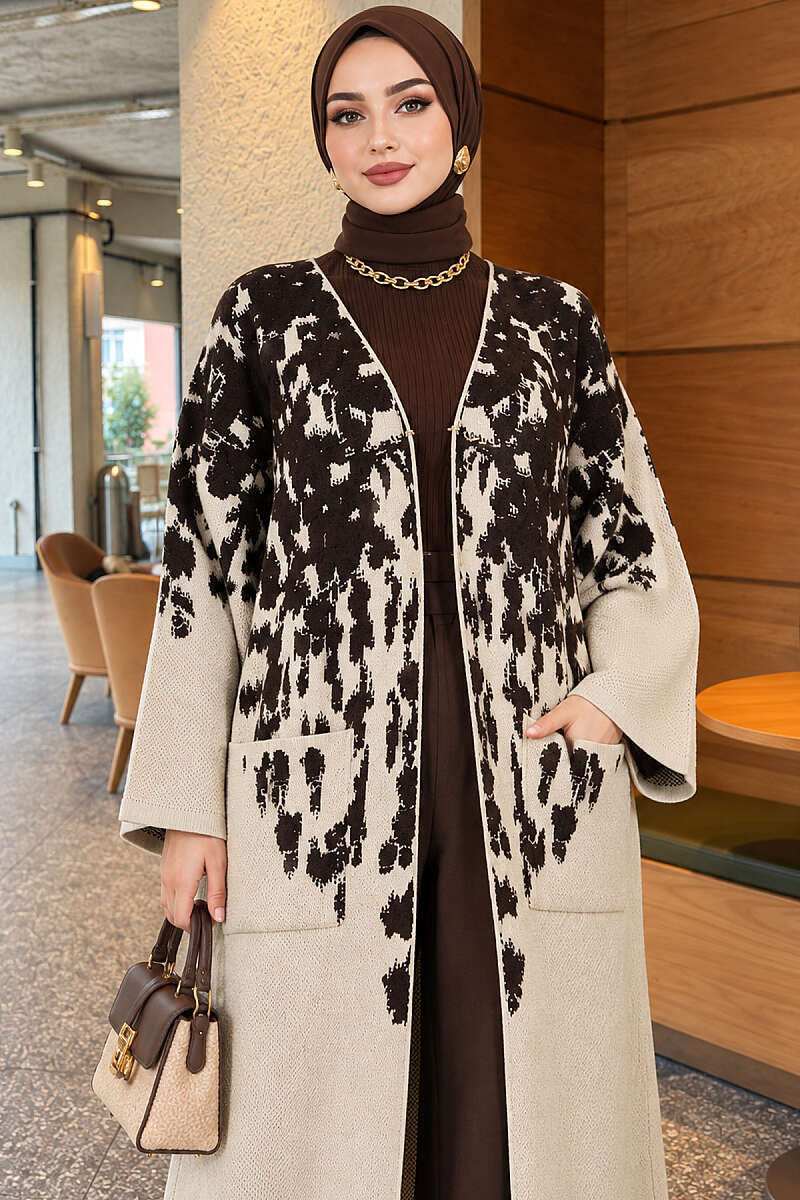 Long Textured Knit Cardigan - Dark Brown