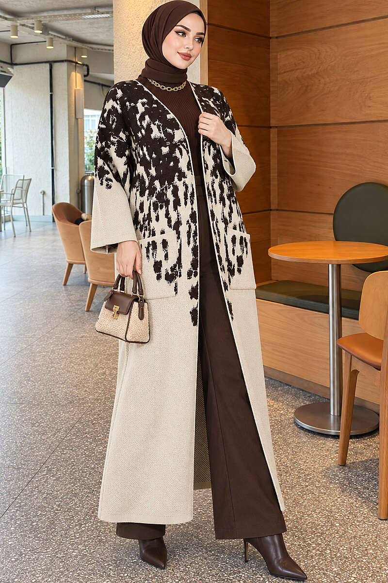 Long Textured Knit Cardigan - Dark Brown