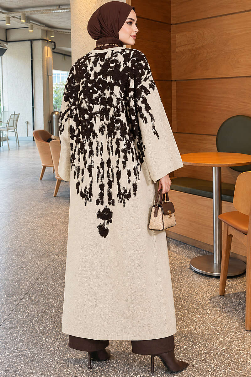 Long Textured Knit Cardigan - Dark Brown
