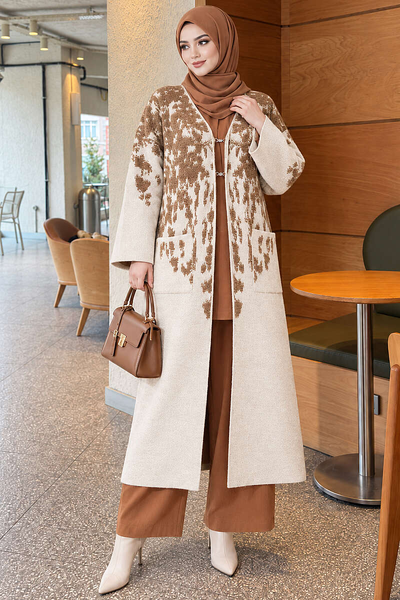 Long Textured Knit Cardigan - Latte
