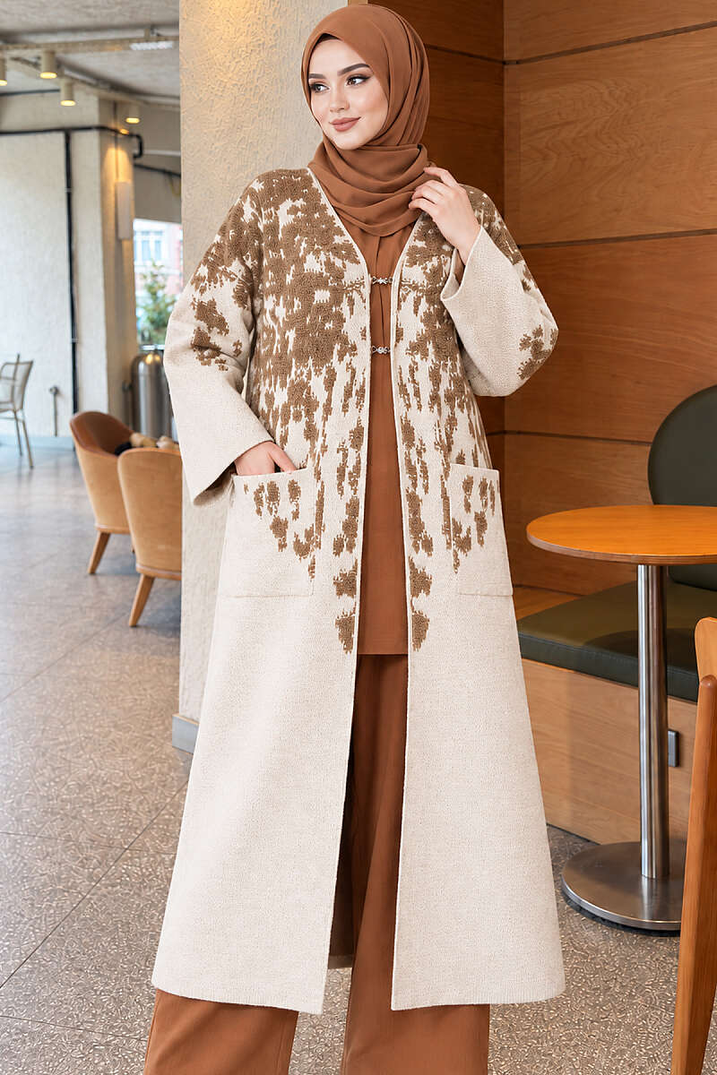 Long Textured Knit Cardigan - Latte