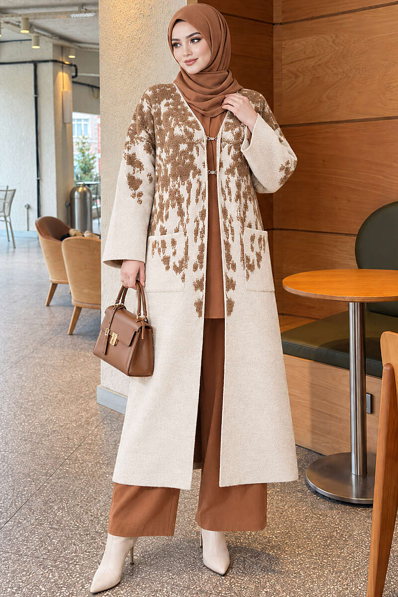 Long Textured Knit Cardigan - Latte