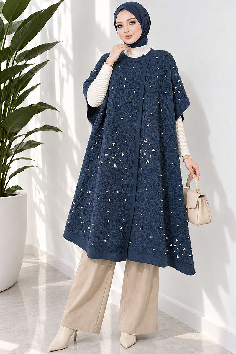 Embossed Pearl Poncho - Navy