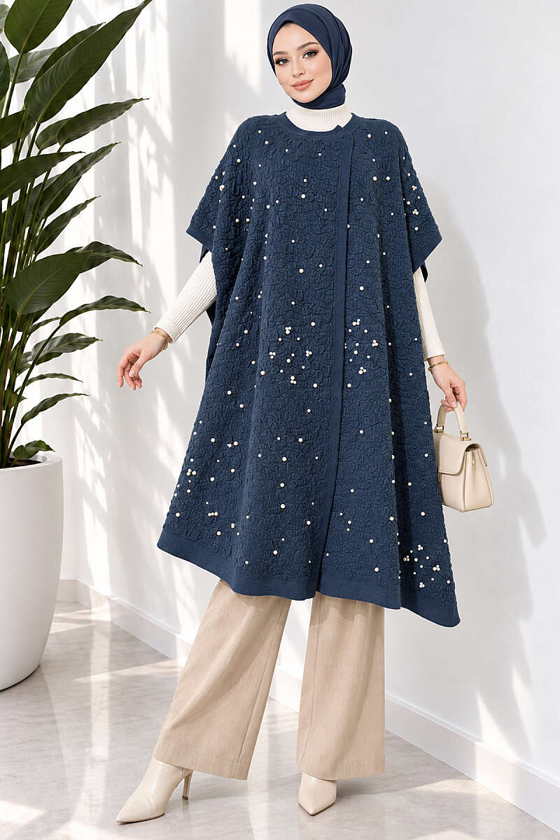 Embossed Pearl Poncho - Navy