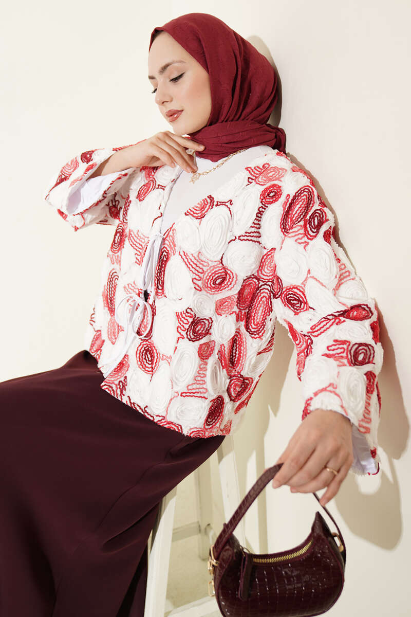 Embossed Embroidered Kimono with Ties - Burgundy