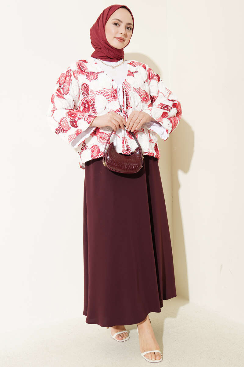 Embossed Embroidered Kimono with Ties - Burgundy