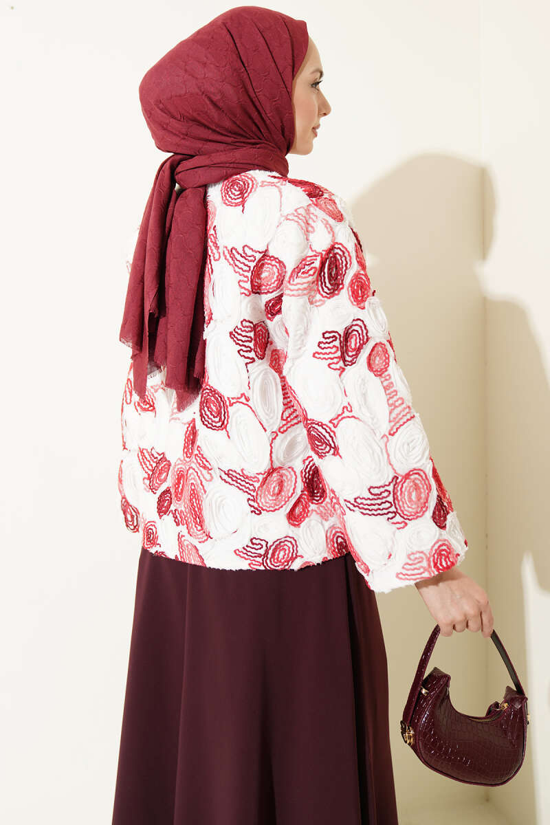 Embossed Embroidered Kimono with Ties - Burgundy